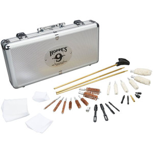 Hoppe’s Deluxe Universal Gun Cleaning Kit displayed with an aluminum hard case and a full set of cleaning tools, including brass cleaning rods, bore brushes, cotton mops, jags, patch holders, adapters, and gun cleaning patches.