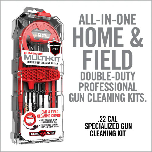 Real Avid Gun Boss Multi-Kit for .22 caliber firearms displayed in a clear hard case with red cleaning tools, including brushes, cables, and attachments. Text on the image highlights it as an all-in-one home and field double-duty professional gun cleaning kit