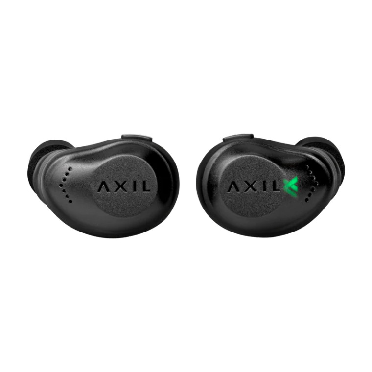 Axil XCOR PRO wireless electronic ear protection earbuds displayed in open charging case on wood grain background