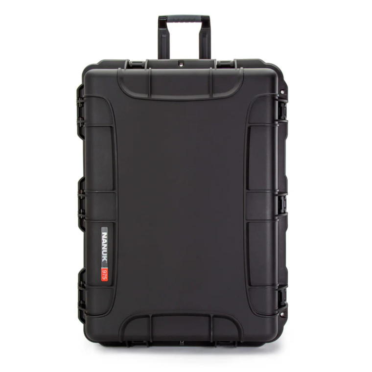 "NANUK 975 black wheeled hard case closed with retractable handle and PowerClaw latches"