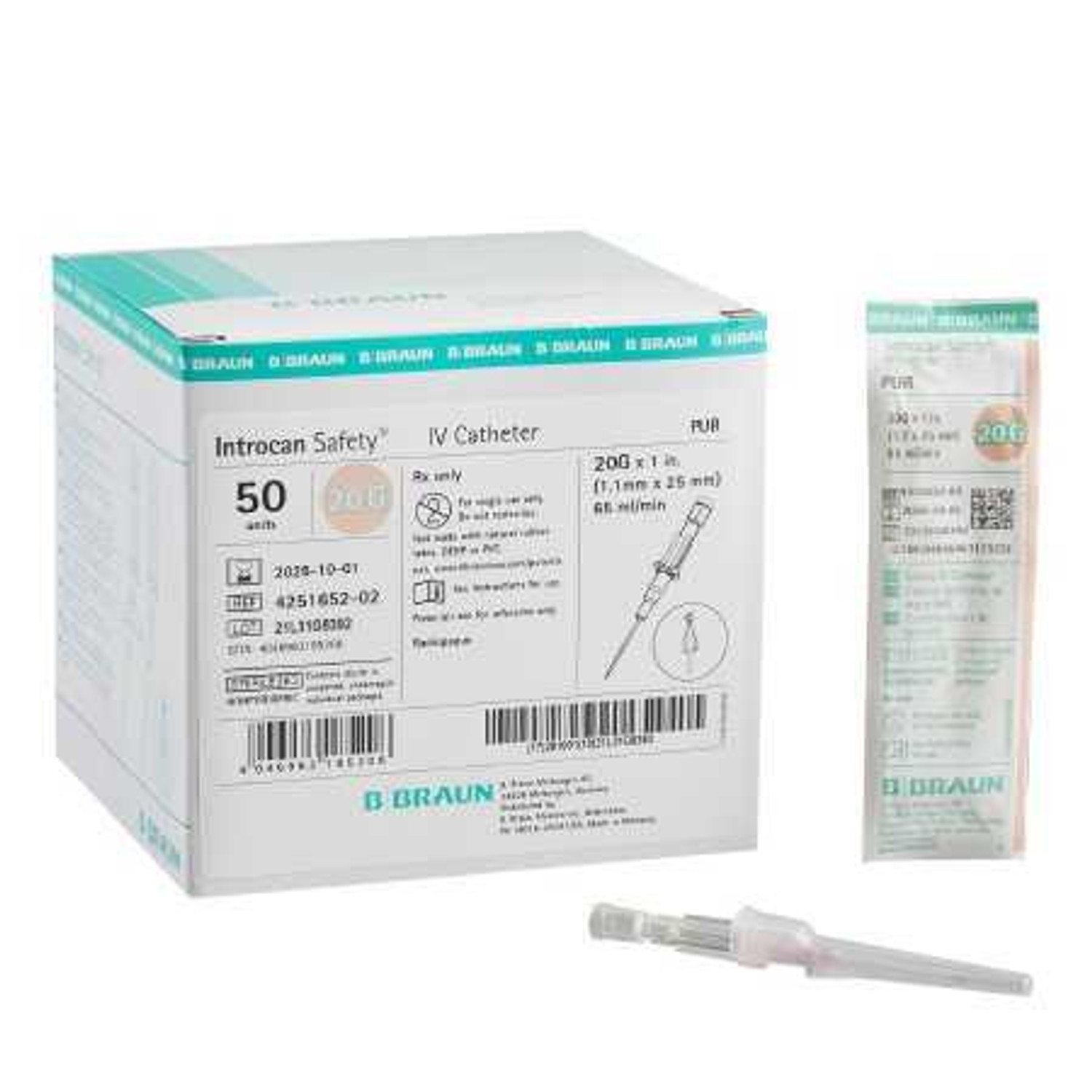 Peripheral IV Catheter Introcan Safety® 20 Gauge 1 Inch Sliding Safety  Needle 4251652-02 Box/50