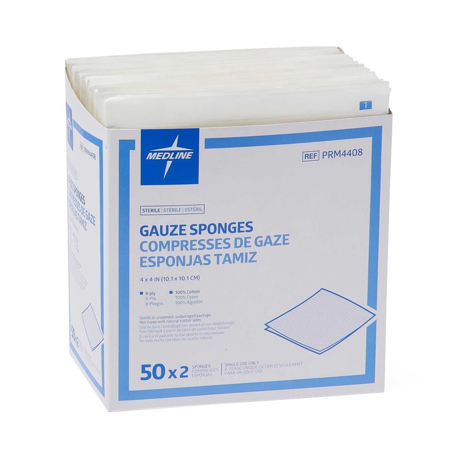 Gauze Sponge Caring Cotton 8-Ply 4 X 4 Inch Square Sterile PRM4408 Pack/1