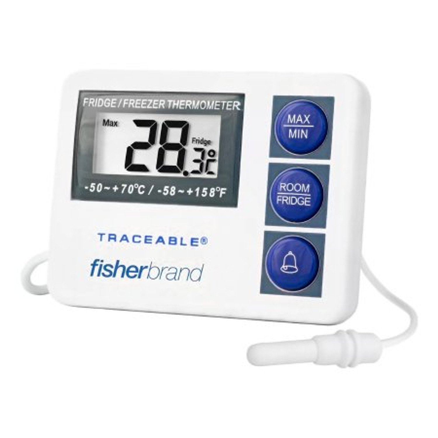 Digital Refrigerator / Freezer Thermometer with Alarm Fisherbrand  Fahrenheit / Celsius -58 to 158 F -50 to 70 C External Probe Flip-out Stand  / Wall