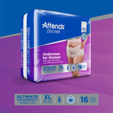Attends Discreet Absorbent Underwear Pull On with Tear Away Seams Adult X-Large Female Disposable Heavy Absorbency, ADUF40, Bag of 16