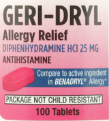 Geri-Dryl Allergy Relief, Diphenhydramine HCl 25 mg Strength, 100 Tablets per Bottle, Case of 12 Bottles 681-01 Geri-Dryl 873289_CS