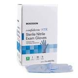 McKesson Confiderm STR Exam Glove Large Sterile Pair Nitrile Standard Cuff Length Textured Fingertips Blue Not Rated, 14-6NSTR6, Pair of 1