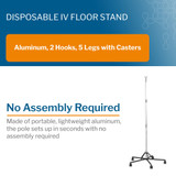 drive Disposable IV Stand Floor Stand 2 Hooks 5 Legs with Casters, MS391520, Pack of 1