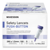 McKesson Safety Lancet, 1.5 mm Depth, 28 Gauge, Push Button Activation, Purple, Sterile, 100 per Box, Box of 100