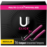 U by Kotex Click Tampon Regular Absorbency Plastic Applicator Individually Wrapped, 53445, Pack of 16