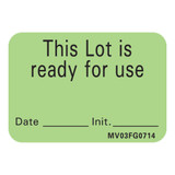 Barkley Pre-Printed Label Auxiliary Label Green Plastic This Lot is ready for use, Date-Init Black Quality Control Label 1 X 1-7/16 Inch, MV03FG0714, Roll of 1