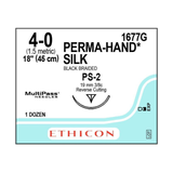 Nonabsorbable Suture with Needle Perma-Hand™ Silk PS-2 3/8 Circle Precision Reverse Cutting Needle Size 4 - 0 Braided 1677G Box of 12 Nonabsorbable Suture with Needle Perma-Hand™ Silk PS-2 3/8 Circle Precision Reverse Cutting Needle Size 4 - 0 Braided 1677G Box of 12