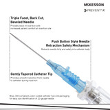 McKesson Prevent R Peripheral IV Catheter 22 Gauge 1 Inch Polyurethane Straight Hub Blood Control Push Button Safety, 200-IVRB221, Box of 50