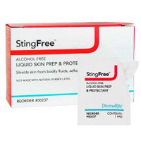 Skin Barrier Wipe StingFree™ Alcohol-Free Liquid Skin Prep & Shield Hexamethyldisiloxane / Decamethylcyclopentasiloxane Individual Packet NonSterile 00237 Box of 50 237 StingFree™ Alcohol-Free Liquid Skin Prep & Shield 711920_BX