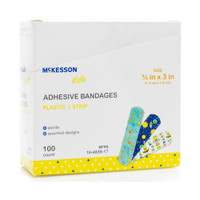 Adhesive Strip McKesson Kids 3/4 X 3 Inch Plastic Rectangle Kid Design Assorted Prints Sterile 16-4838-17 Box/100 001305GRN MCK BRAND 1110980_BX