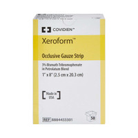 Petrolatum Impregnated Dressing Xeroform 1 X 8 Inch Gauze Bismuth Tribromophenate / Petrolatum Sterile 8884433301 Box/50 PF-012/1 Cardinal 147128_BX