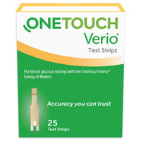 Blood Glucose Test Strips OneTouchVerio25 Strips per Box Our smallest sample size ever at 0.4 Microliter and fast results in just 5 seconds For OneTouchVerioFamily of Meters 022270 Case/600 255100 LIFESCAN 1076317_CS