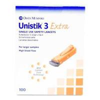 Lancet Unistik Fingerstick Safety Lancet Extra Flow Needle 2.0 mm Depth 21 Gauge Push Button Activation AT 1012 Box/100 RES3050 Owen Mumford 539416_BX