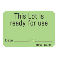 Pre-Printed Label Barkley® Advisory Label Green Plastic This Lot is ready for use, Date-Init Black Quality Control Label 1 X 1-7/16 Inch MV03FG0714 Roll/1