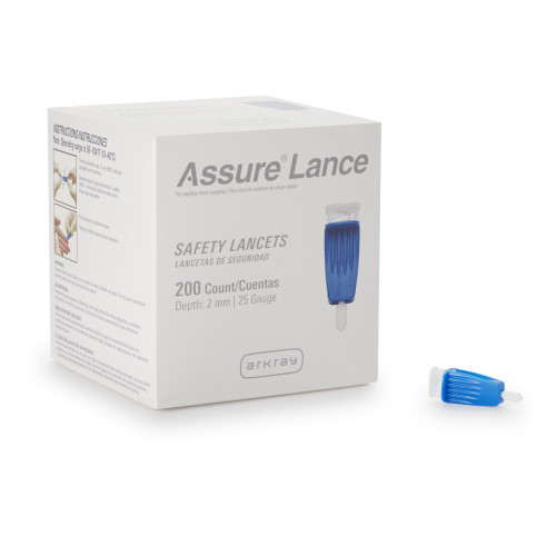 Assure Safety Lancet, 2.0 mm Depth, 25 Gauge, Push Button Activation, Low Flow, Dark Blue, Sterile, 200 per Box, Box of 1