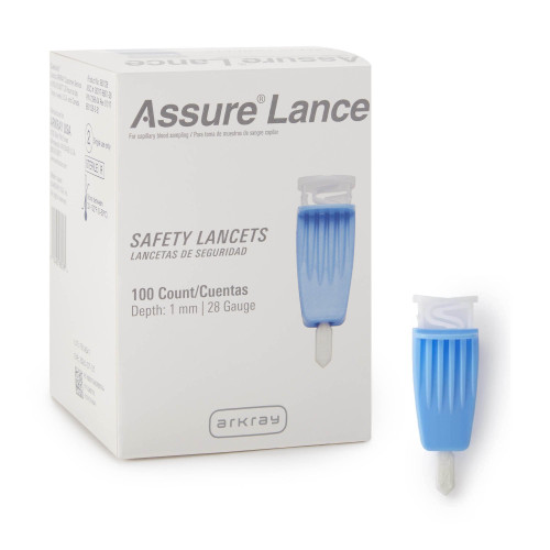 Assure Safety Lancet, 1.0 mm Depth, 28 Gauge, Push Button Activation, Low Flow, Light Blue, Sterile, 100 per Box, Box of 100