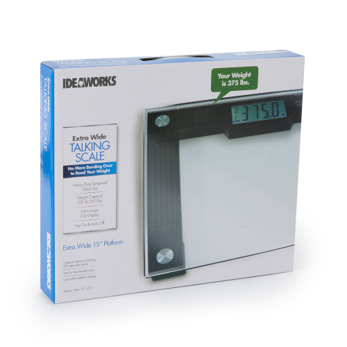 Ideaworks Floor Scale, 550 lbs. / 250 kg Capacity, Digital Audio Display, AC Power, Black / Glass, Pack of 1