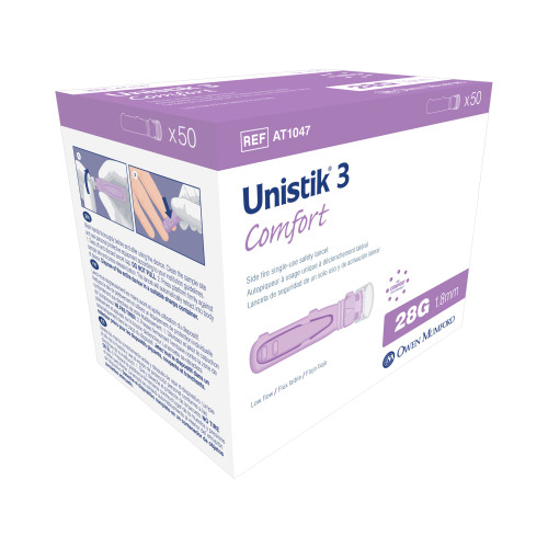 Safety Lancet Unistik 3 28 G, Visual Lockout Push Button Activation Finger AT 1047, Box of 50