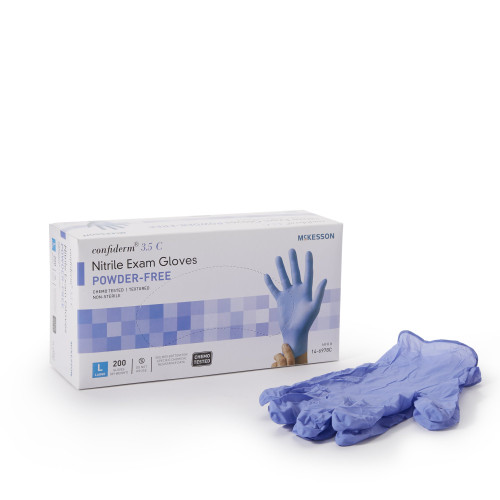 McKesson Confiderm 3.5C Exam Glove Large NonSterile Nitrile Standard Cuff Length Textured Fingertips Blue Chemo Tested, 14-6978C, Case of 2000