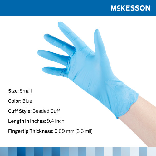 McKesson Confiderm 3.8 Exam Glove Small NonSterile Nitrile Standard Cuff Length Textured Fingertips Blue Not Rated, 14-684, Case of 1000