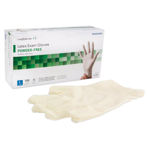 McKesson Confiderm Exam Glove Large NonSterile Latex Standard Cuff Length Textured Fingertips Ivory Not Rated, 14-428, Case of 1000
