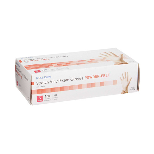 Exam Glove McKesson NonSterile Ivory Powder Free Stretch Vinyl Ambidextrous Smooth Not Chemo Approved Small 14-814 Box/100 14-814 MCK BRAND 409742_BX