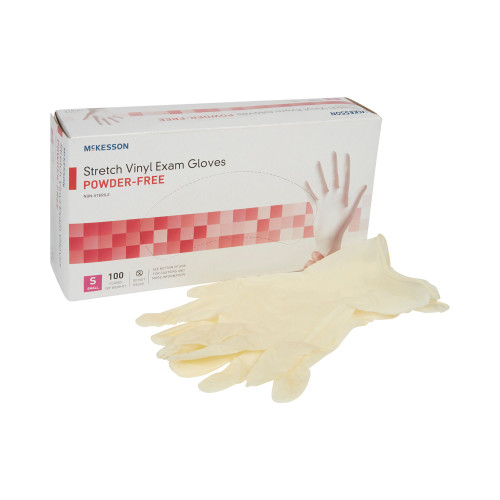 McKesson Exam Glove Small NonSterile Stretch Vinyl Standard Cuff Length Smooth Ivory Not Rated, 14-814, Box of 100