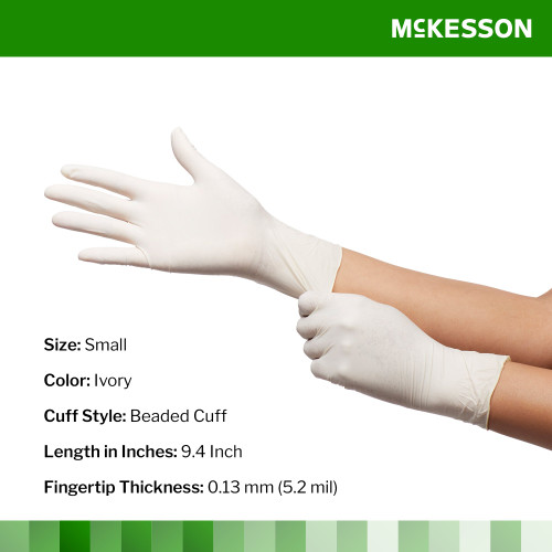 McKesson Confiderm Exam Glove Small NonSterile Latex Standard Cuff Length Textured Fingertips Ivory Not Rated, 14-424, Box of 100