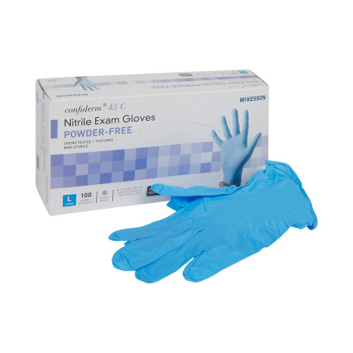 McKesson Confiderm 4.5C Exam Glove Large NonSterile Nitrile Standard Cuff Length Textured Fingertips Blue Chemo Tested, 14-658C, Case of 1000