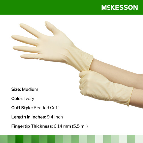 McKesson Confiderm Exam Glove Medium NonSterile Latex Standard Cuff Length Smooth Ivory Not Rated, 14-316, Box of 100