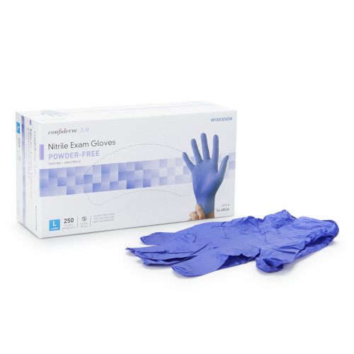 McKesson Confiderm 3.0 Exam Glove Large NonSterile Nitrile Standard Cuff Length Textured Fingertips Blue Chemo Tested / Fentanyl Tested, 14-6N36, Case of 10