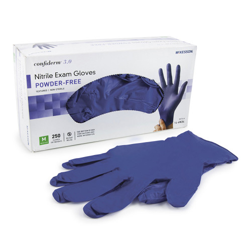 McKesson Confiderm 3.0 Exam Glove Medium NonSterile Nitrile Standard Cuff Length Textured Fingertips Blue Chemo Tested / Fentanyl Tested, 14-6N34, Box of 1