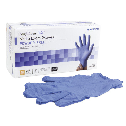 McKesson Confiderm 3.5C Exam Glove X-Small NonSterile Nitrile Standard Cuff Length Textured Fingertips Blue Chemo Tested, 14-6972C, Box of 200