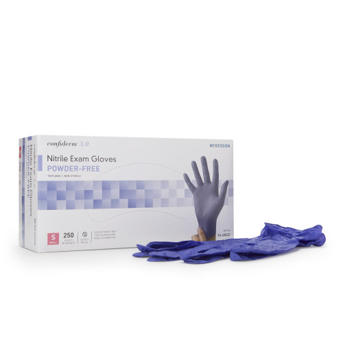 McKesson Confiderm 3.0 Exam Glove Small NonSterile Nitrile Standard Cuff Length Textured Fingertips Blue Chemo Tested / Fentanyl Tested, 14-6N32, Case of 10
