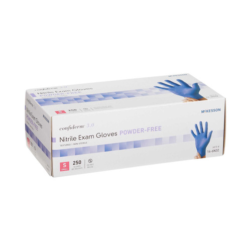 Exam Glove McKesson Confiderm 3.0 NonSterile Blue Powder Free Nitrile Ambidextrous Textured Fingertips Not Chemo Approved Small 14-6N32 Box/250 14-6N32 MCK BRAND 957801_BX