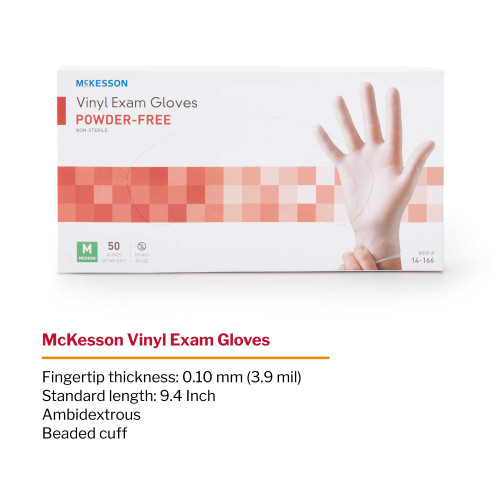 McKesson Confiderm Exam Glove Medium NonSterile Vinyl Standard Cuff Length Smooth Clear Not Rated, 14-166, Case of 1000