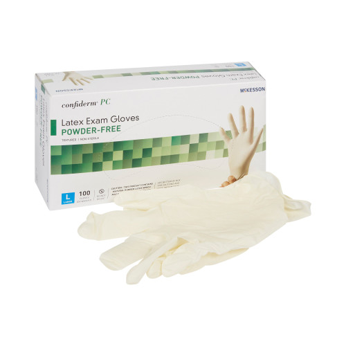 McKesson Confiderm Exam Glove Large NonSterile Latex Standard Cuff Length Fully Textured Ivory Not Rated, 14-1383, Case of 1000