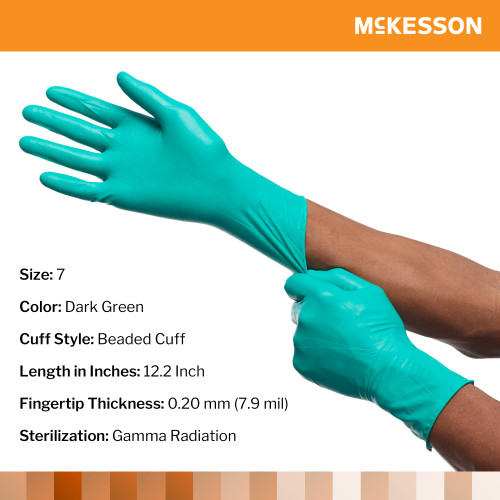 McKesson Perry Performance Plus Surgical Glove Size 7 Sterile Polychloroprene Standard Cuff Length Smooth Dark Green Chemo Tested, 20-2570N, Box of 50