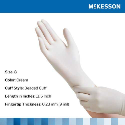 McKesson Perry Performance Plus Surgical Glove Size 8 Sterile Latex Standard Cuff Length Smooth Cream Chemo Tested, 20-1080N, Case of 200
