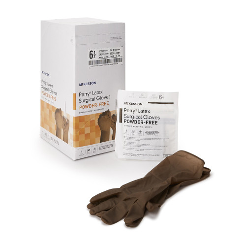 McKesson Perry Surgical Glove Size 6.5 Sterile Latex Standard Cuff Length Smooth Brown Not Chemo Approved, 20-1365N, Box of 50