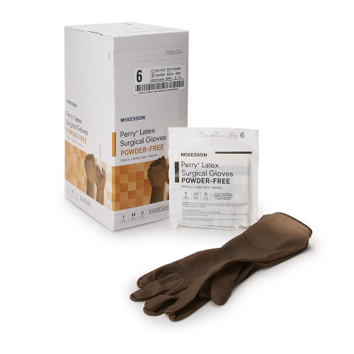 McKesson Perry Surgical Glove Size 6 Sterile Latex Standard Cuff Length Smooth Brown Not Chemo Approved, 20-1360N, Box of 50