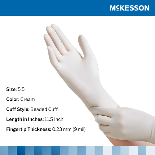 McKesson Perry Surgical Glove Size 5.5 Sterile Latex Standard Cuff Length Smooth Cream Not Chemo Approved, 20-1055N, Box of 50