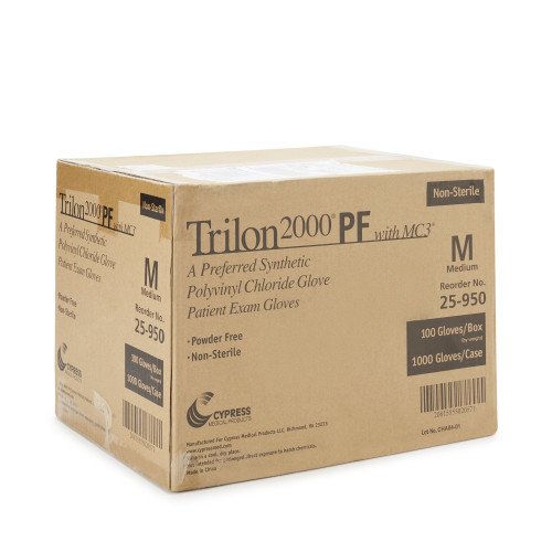 Trilon 2000 PF with MC3 Exam Glove Medium NonSterile Stretch Vinyl Standard Cuff Length Smooth Ivory Not Rated WITH PROP. 65 WARNING, 25-950, Case of 1000