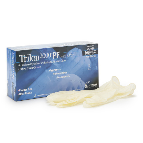 Trilon 2000 PF with MC3 Exam Glove Medium NonSterile Stretch Vinyl Standard Cuff Length Smooth Ivory Not Rated WITH PROP. 65 WARNING, 25-950, Case of 1000