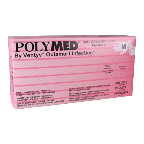 Polymed Exam Glove Medium NonSterile Latex Standard Cuff Length Fully Textured Ivory Not Rated, PM103, Box of 100