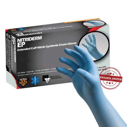 NitriDerm EP Exam Glove Small NonSterile Nitrile Extended Cuff Length Fully Textured Blue Chemo Tested / Fentanyl Tested, 182100, Box of 100